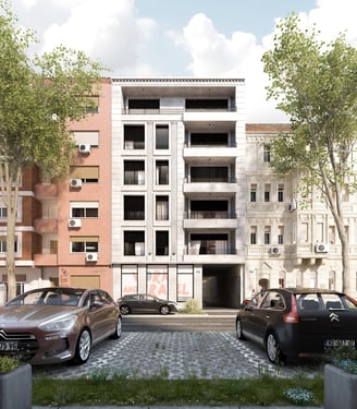 Exterior render of an urban apartment building.