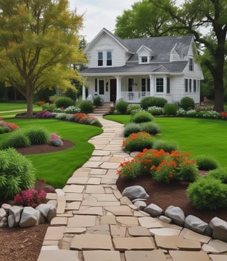 A scenic landscape featuring a variety of flowering plants and shrubs in the filled with vibrant flowers.