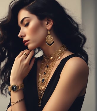 A display of an assortment of rings and bracelets is showcased within a glass case. The rings feature various gemstones in diverse colors including purple, red, and blue, while the bracelets are lined up in the background. The setting conveys an elegant atmosphere with the sparkling and intricate designs of the jewelry.