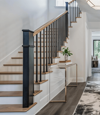 a hallway with a bench and a bench with a bench in the middle