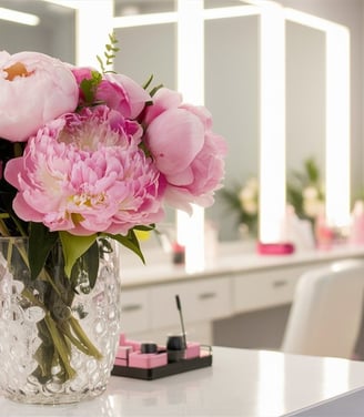 a vase with pink flowers in a vase on a table