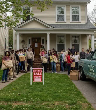 a group of people standing in front of a house at an estate sale in the Boston area.