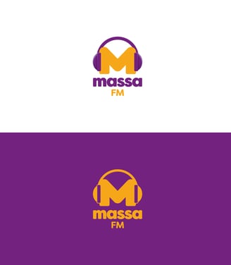 Logos coloridas de rádio com letra M e fone de ouvido