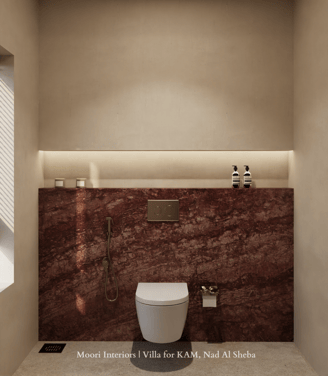 Modern bathroom featuring Emperador marble walls and a white toilet.