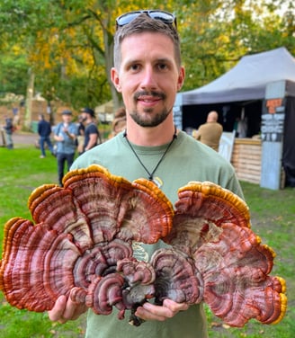 a man holding a large Reishi Mushroom - ganoderma lucidum, or Lingzhi
