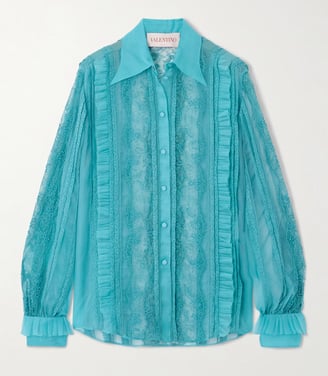 Valentino turquoise lace blouse with sheer panels and ruffle details – luxury designer fashion.