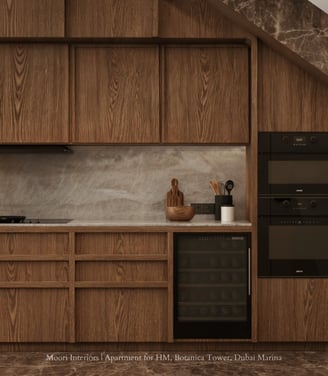 Modern kitchen with wooden cabinetry, marble backsplash, and a built-in wine fridge.