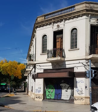 Front of the Spanish school in Rosario with graffiti and a tree with yellow leaves