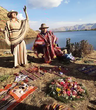a medicine woman and a medicine man in a Despacho ceremony praying with the spirits of the mountain