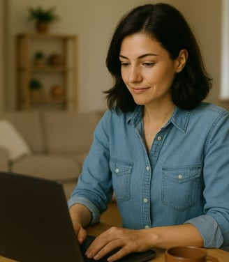 a woman sitting at a table with a laptop computer