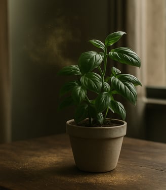 Basilic exprimant un arôme unique dans un salon avec une belle table en bois et un pot nature