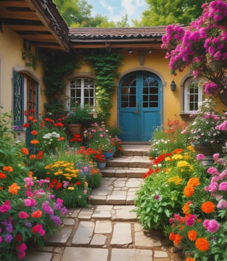 A whimsical garden setup featuring various decorative items, including small figurines of frogs, a tiny picnic table under a blue umbrella, a school crossing sign, and pastel-colored flowers. There are sections of green foliage, colorful flowers, and rocks arranged neatly within the garden.