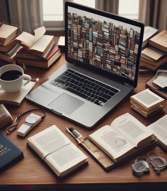 A laptop screen displays a webpage with the title 'ChatGPT Mastery Course'. The page includes sections on Learning, Writing, Money, Marketing, Productivity, and Tools, with various bullet points under each category. The top right shows an open browser tab, and there is a rating section with stars in the top left. Bright icons of various applications are visible at the bottom of the screen.