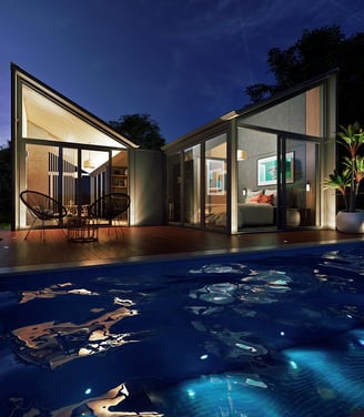 Eco-conscious woodland cabin: floor-to-ceiling windows, timber finishes, private pool in the trees