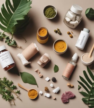 A well-stocked shop shelf filled with various beauty and wellness products, including bottles, boxes, and jars. The shelves are neatly organized with different color-coded sections containing skincare bottles, soaps, and colorful packaging. The lighting is warm and inviting.