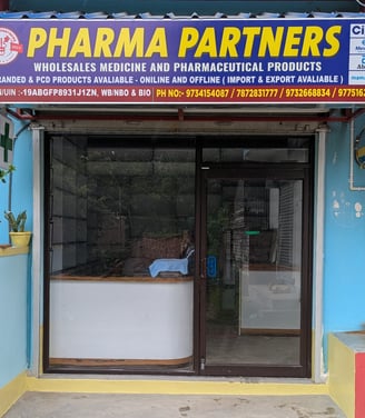 a pharmacy office building with a pharmacy office sign