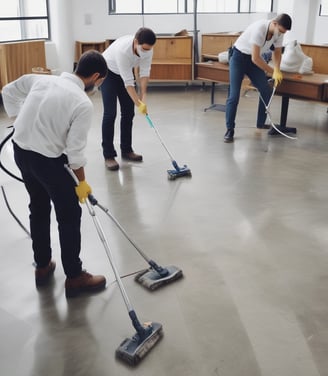 A person wearing protective clothing, a face mask, and gloves is cleaning a white cushioned furniture piece using a vacuum cleaner. The setting appears to be indoors with bright natural light streaming in through large windows. A green potted plant is placed next to a white sofa, adding a touch of nature to the clean and tidy environment.
