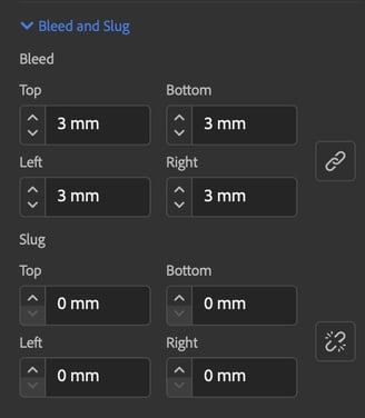 Image of InDesign bleed and slug settings with bleed set to 3mm