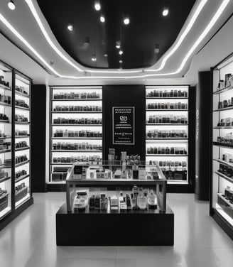 A selection of beauty products is displayed on a yellow countertop. There is an eyeshadow palette with neutral shades, a round compact with a golden lid, two dropper bottles containing serums, a makeup brush with a gold handle, and two white pen-shaped makeup products.