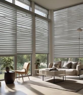 The sun is seen through vertical window blinds, casting shadows and creating a warm glow. The sunlight is diffused through the slats, and a soft gradient of light and shadow is present.