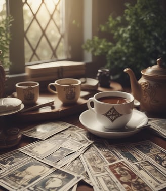 A pair of hands is positioned palms-up on a cloth featuring zodiac signs and a sun-like face. A stack of tarot cards, adorned with mystical symbols, rests on the cloth, surrounded by scattered blue glass beads.