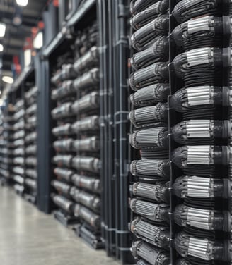 A large networking device, likely a server or network switch, is positioned on a small wheeled platform in an industrial setting with concrete walls and a visible yellow-painted structural support. The equipment features a series of component slots and ports arranged in rows on its front panel.