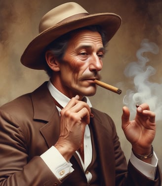 A person is sitting in a dimly lit indoor setting, holding a cigar. The background features wooden panels and mirrors, suggesting a lounge or a sophisticated bar environment. The atmosphere appears relaxed and introspective.