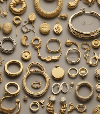 A jewelry store window display filled with mannequins adorned in elaborate, gold jewelry sets. The items include necklaces, bracelets, and full body chains, all intricately designed. The backdrop features a tufted, possibly velvet texture, adding to the luxurious atmosphere.