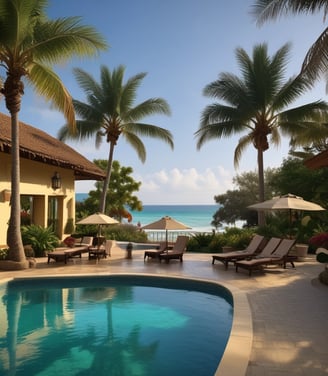 A travel agency is located in a multi-story building adorned with a large mural. The mural depicts a smiling woman's face with her hand raised as if waving. The building is surrounded by trees, and there is a sign indicating 'TRAVEL AGENCY' at the entrance. Several windows and architectural details are visible, as well as an entrance with a ramp and stairs.