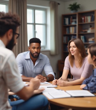 A family in a therapy session working through family issues with the therapist looking on