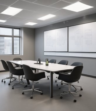 A conference room with a long wooden table surrounded by chairs covered in protective plastic. Multiple computer monitors are placed on tables against the walls, each displaying nature-themed images. The walls are lined with wood paneling, and a sign indicating a center for artificial intelligence is displayed at the front. There are decorative flower arrangements on the table, and the overall setup suggests a professional environment.