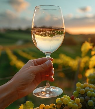 a person holding a wine glass in front of a vineyard
