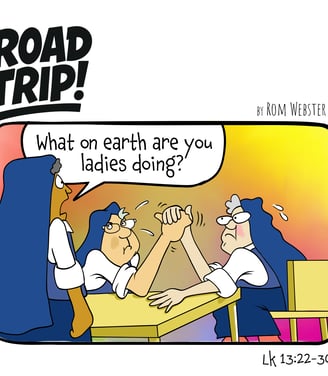 Cartoon of nuns solving their problems by arm wrestling.
