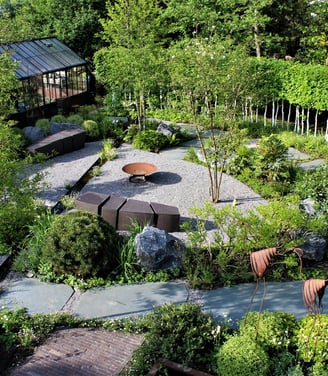 a garden with a stone path