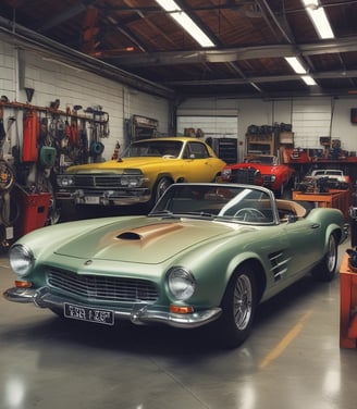 A dark green, compact car is parked in an indoor garage. The focus is on the car's rear, showing a shiny surface, taillights, and a close-up of the license plate with foreign characters. The environment is modern and well-lit, with concrete flooring and minimal barriers.