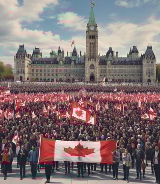 A large group of people gather outside the Toronto Eaton Centre, holding various flags including Ukrainian, Lithuanian, and Canadian flags. The crowd is dressed warmly, suggesting cold weather. Above the crowd is a large digital billboard displaying promotional content with faces and text.