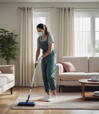 A person wearing a black jacket and jeans is cleaning a beige sedan with a cloth next to a colorful mural. The mural features bold geometric shapes with bright colors, including green, blue, orange, and black. The scene is set on a street with a slightly overcast look.