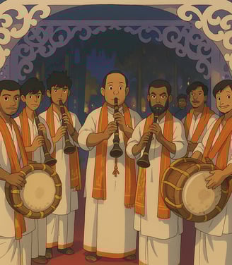 a group of men in white robes and orange vests