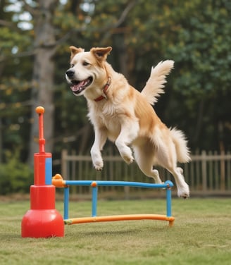 An assortment of pet toys and accessories arranged on a white background. Items include a rope chew toy, a blue feeding bowl filled with kibble, an orange football-shaped toy, a green spiky toy, a small rubber ball, a pair of grooming tools, and a colorful rubber knot ball.