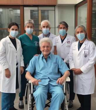 A group of medical professionals and possibly officials are gathered around a patient in a hospital ward. The patient is seated on a hospital bed, engaging with the people around him. Several men in uniform and plain clothes are present, suggesting a formal visit or inspection.
