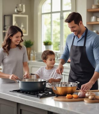 A kitchen countertop with various cooking ingredients and utensils. Raw cuts of meat are placed on a wooden board next to a pot cooking an egg. A frying pan contains mushrooms, and there is a glass jar of salt nearby. A bowl of fresh vegetables, including carrots and persimmons, is visible. The backsplash features beige tiles, and there is a colander and other kitchen items on the counter.
