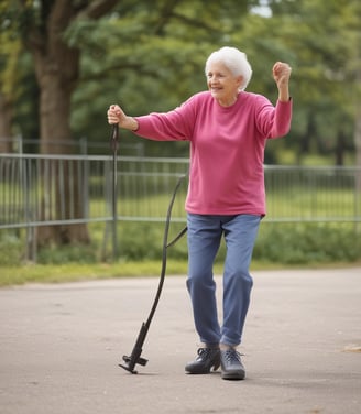 An elderly person wearing a white shirt and black pants is walking with assistance, holding a cane. The person is wearing a face mask and appears to be in an outdoor setting with others around. There are stepping stairs in the background and a red carpet with floral patterns leading up the steps. Other people, some seated and some standing, can also be seen.