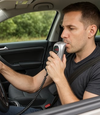 A person blowing into an Ignition Interlock Device