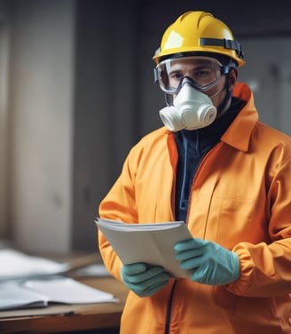 A person wearing a bright red industrial jacket with reflective stripes and a white safety helmet. They are holding a book titled 'Occupational Safety and Health Act' against a plain blue background. The person is smiling and the jacket has a logo on the chest.