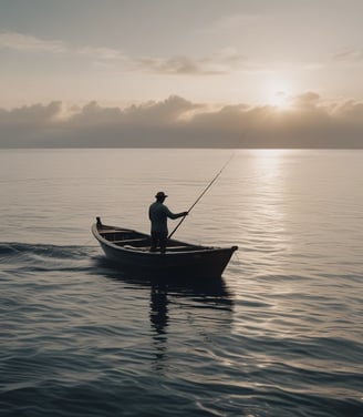A person is standing waist-deep in a calm body of water while holding a fishing rod. They are wearing a wide-brimmed hat and are casting a line into the water. In the distance, a line of trees separates the water from the clear blue sky. A blue fishing basket floats nearby.