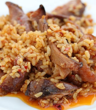 close up from meat paella plate