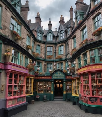 A collection of seven books from the Harry Potter series is displayed on a fluffy white surface. Each book has a colorful and distinct cover design. A wand is placed in front of the books, creating a magical theme.
