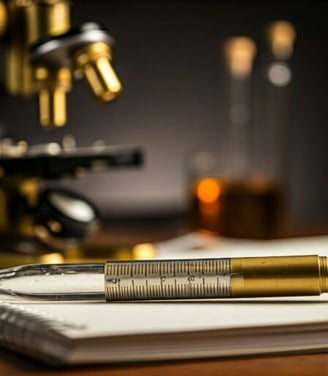 caneta em formato de pipeta encima do caderno de anotações e um microscópio ao fundo