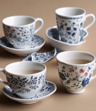 Elegant porcelain teacups and saucers adorned with intricate floral patterns in vibrant colors are displayed. The fine china features gold accents highlighting the exquisite craftsmanship.