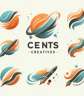 Stylized logo collage for "Cents Creatives" featuring colorful, abstract designs, including pens and planetary elements.